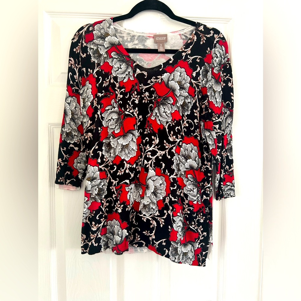 NWOT Chico's Black & Red V-neck 3/4 Sleeve Knit Sweater Chico's Size 2